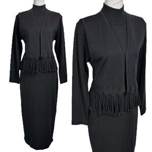 Vintage Maggy London black mock neck knit bodycon midi dress with fringe vest XS
